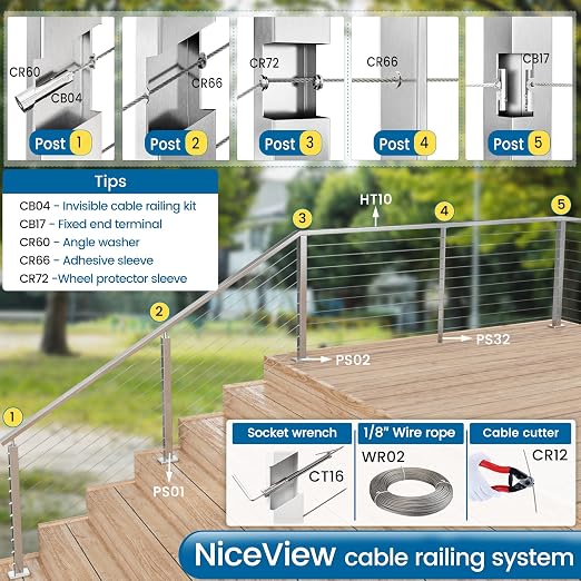 [Patent] Muzata 20 Pack 1/8" Swageless Invisible Cable Railing Kit Hardware Swageless Fittings Tensioner Hidden for 2"x2" Metal Post T316 Stainless Steel Deck Cable Railing System CB04