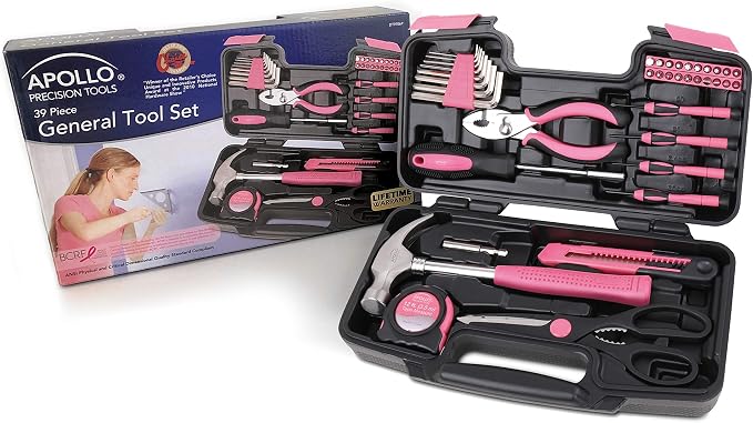 Apollo Tools Original 39 Piece General Household Tool Set in Toolbox Storage Case with Essential Hand Tools for Everyday Home Repairs, DIY and Crafts - Pink Ribbon - DT9706P
