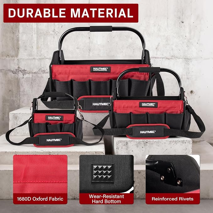 HAUTMEC 3PCS Heavy-Duty Tool Tote Bag Set, 1680D Rigid Frame Tool Bags with Foldable Handle & Padded Shoulder Strap, Water-Resistant Hard Base, Multi-Pocket Tool Box Organizer – HTTBH25052