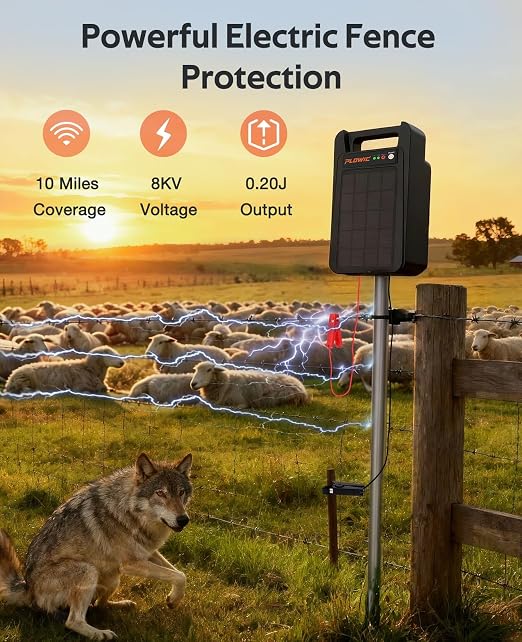 Solar Electric Fence Charger 10 Miles, 0.20J Solar Powered Fence Energizer with Rechargeable 10400mAh Battery, Portable Electric Fence Kit for Livestock, Chicken, Garden Protection, Auto Day/Night