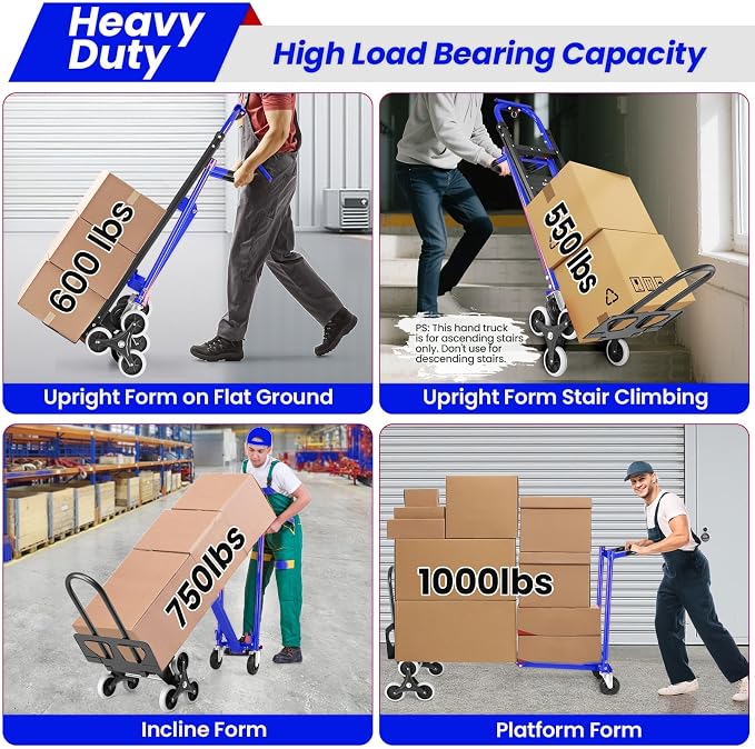 4-in-1 Hand Truck Dolly Heavy Duty Industrial Convertible, 1000 LBS Stair Climbing Cart Utility Cart Converts from Hand Trucks Dolly to Platform Cart Folding Stair Climbing Cart (Blue)