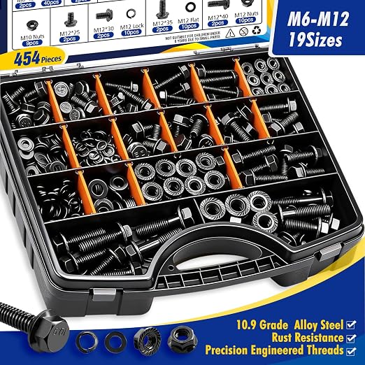 454 pcs Metric Flange Bolt Assortment Kit- Grade 10.9 M12 M10 M8 M6 Nuts and Bolts Assortment Kit, Black zinc Plating Hex Bolts and Nuts Washers,Metric Bolt Assortment for Automotive