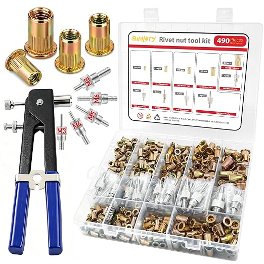 Rivet Nut Tool Kit, 490PCS Metric Rivnut Assortment with Hand Setter, M3/M4/M5/M6/M8 Carbon Steel Threaded Inserts, Portable Storage Case for Automotive, Furniture & DIY Repairs