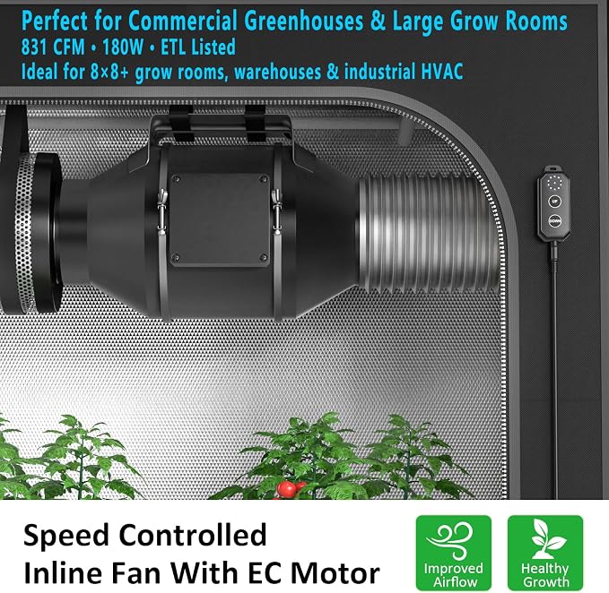 Toolazy 8 Inch Inline Duct Fan, 831 CFM High Airflow EC Motor Ventilation Fan with 10-Speed PWM Controller, Low Noise 50dB Mixed-Flow Exhaust Fan for Grow Room Greenhouse HVAC Commercial Ventilation