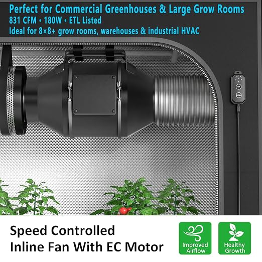 Toolazy 8 Inch Inline Duct Fan 831 CFM, EC Motor Vent Booster Exhaust Fan with 0-100% Variable Speed Controller, Ventilation Fan for Grow Tent, HVAC, Basement, Workshop, Garage, Commercial Space