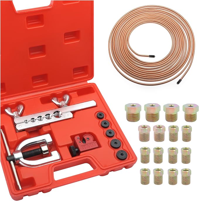 Single & Double Brake Line Flaring Tool Kit,3/16" Brake Line Kit for Most Hydraulic Braking Systems,Brakes Lines Repair Kits with 16 Brakes Lines Fittings,5 Adapters,Tubing Bender