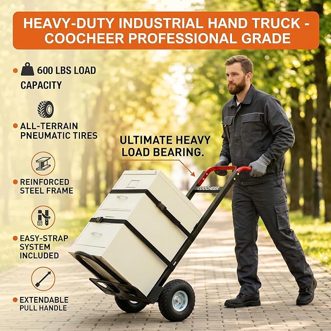 600 lbs Aluminum Hand Truck & Heavy Duty Dolly for Moving, Industrial Utility Cart with 10-Inch All-Terrain Pneumatic Tires, Secure Transport in Warehouse and Residential Use