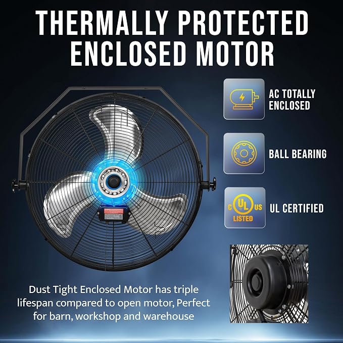 Tornado 24-Inch High Velocity Wall Mount Fan – 3-Speed Industrial Metal Fan with 6.5 FT Power Cord – Commercial, Residential Use – UL Listed