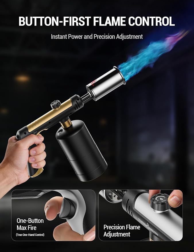 ThermoMaven Propane Torch with One-Touch Max Fire, Cooking Blow Torch Gun with a Safety Lock, Charcoal Lighter, Flame Thrower, Kitchen Food Torch Head for Grill, Sous Vide, BBQ, Gold