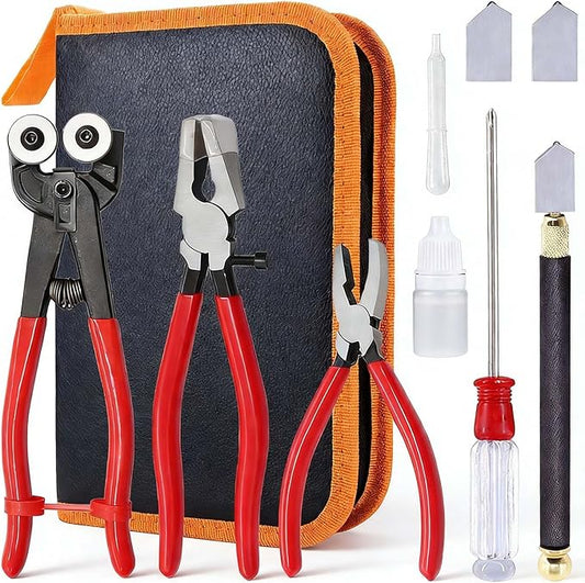 Glass Cutting Tool Kit with Tile Nipper, Glass Cutter,Running Pliers, Breaker Pliers, Replacement Blades, Storage Case for Stained Glass, Tiles, Mosaic, Mirrors