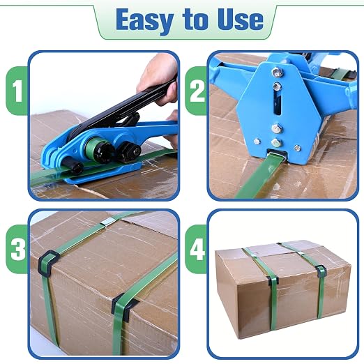 MYFAMIREA Banding Packaging Pallet Strapping Kit Poly Strapping Tensioner Tool, Banding Sealer Tool, 1772 FT Banding, 400 Metal Seals Seals, 200 Packaging Corner, 200 Perforated Wrapping Corner (Blue)