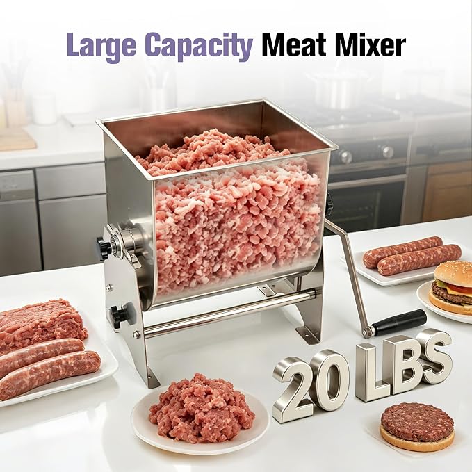 OKF Meat Mixer, 20lb Sausage Mixer, Stainless Steel Commercial Meat Mixer, Tilt Tank Manual Meat Mixer with Lid, Sausage Mixer Machine for Sausages, Burger Patties, Meatballs, Jerky &Homemade Pet Food