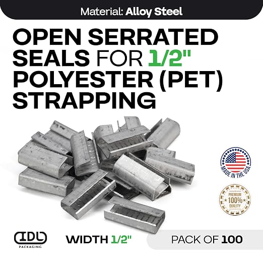 IDL Packaging Open Serrated Seals of 1.25" Length for 1/2" Strap Width Polyester (PET) Strapping (Pack of 100) - Increased Load Securement Due to Serrated Design of Strapping Clips