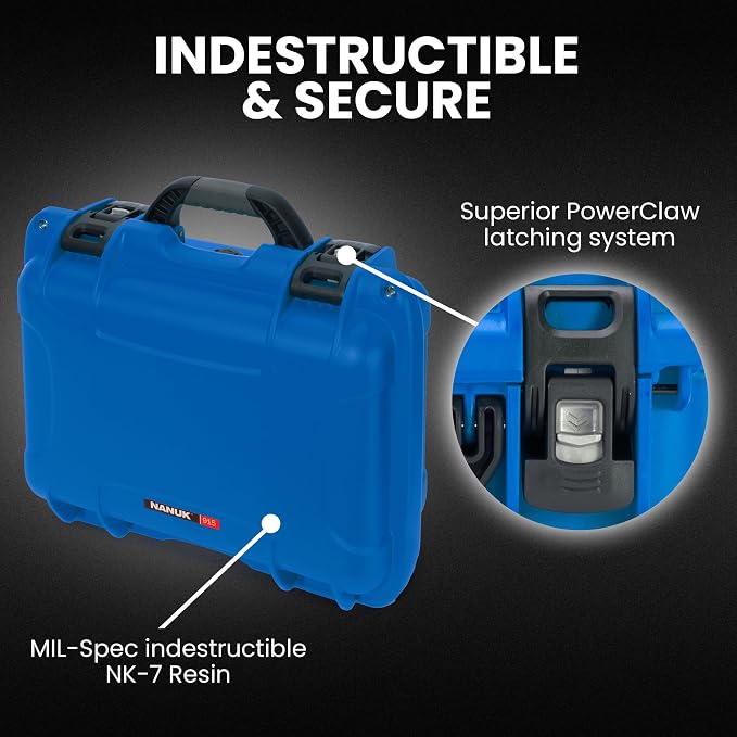 NANUK 915 Hard Case with Cubed Foam – Compact Waterproof Travel Camera Hard Case with Padded Dividers, 13.8” x 9.3” x 6.2” – Dustproof and Impact Resistant, Airline Carry-On Approved – Blue