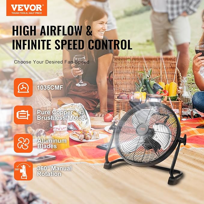 VEVOR 12'' Rechargeable Floor Fan, Portable Quiet Personal Fan for Home or Office, 360 Degree Manual Pivoting Head, Stepless Speed Regulation High Velocity, Heavy Duty Metal Industrial Cordless Fans