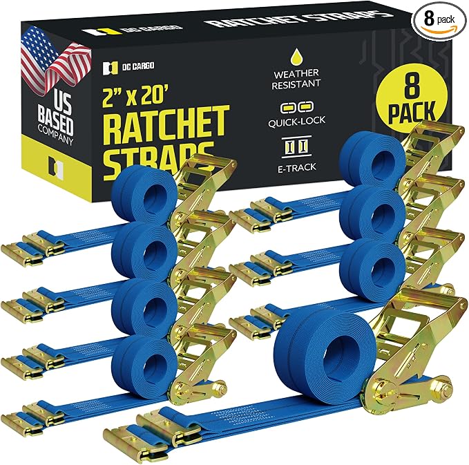 DC Cargo Mall E Track Ratchet Straps Cargo Tie-Downs, (Pack of 8) 2 x 20 Heavy Duty Blue Tie-Down Rachet Straps, Strong Ratchet Strap, E Track Spring Fittings, Tie Down Motorcycle