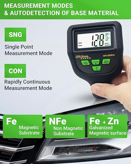 Paint Thickness Gauge – CM-224Pro Automotive Coating Thickness Meter 0–59.1 mils (0–1500 µm), 0.01 mils (0.1 µm) Resolution, Fe/NFe/Zn Auto Detection, Auto Calibration