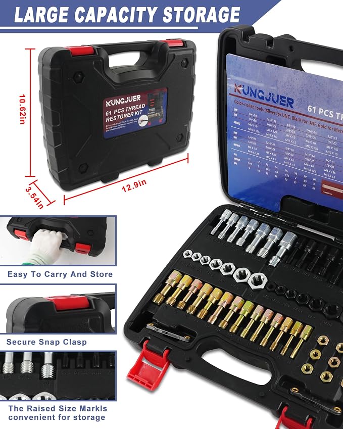 61PCS Master Thread Rethreading Kit,UNC UNF Metric Thread Chaser | Thread Restorer Tool with Thread Pitch Gauge, Designed to Repair or Reshape Damaged Threads on Bolts, Screws, or Nuts