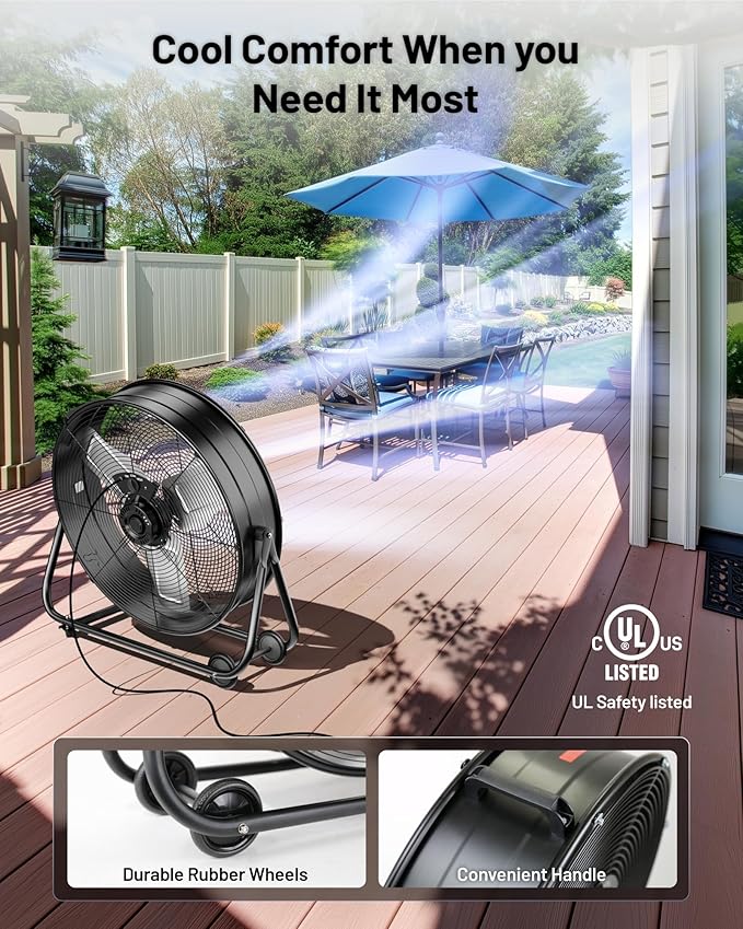 iLIVING 24" High Velocity Drum Fan Industrial, Commercial, Residential Air Circulator for Garage, Shop, Patio, Barn, Greenhouse, Speed Control 7700CFM, UL Listed,Black