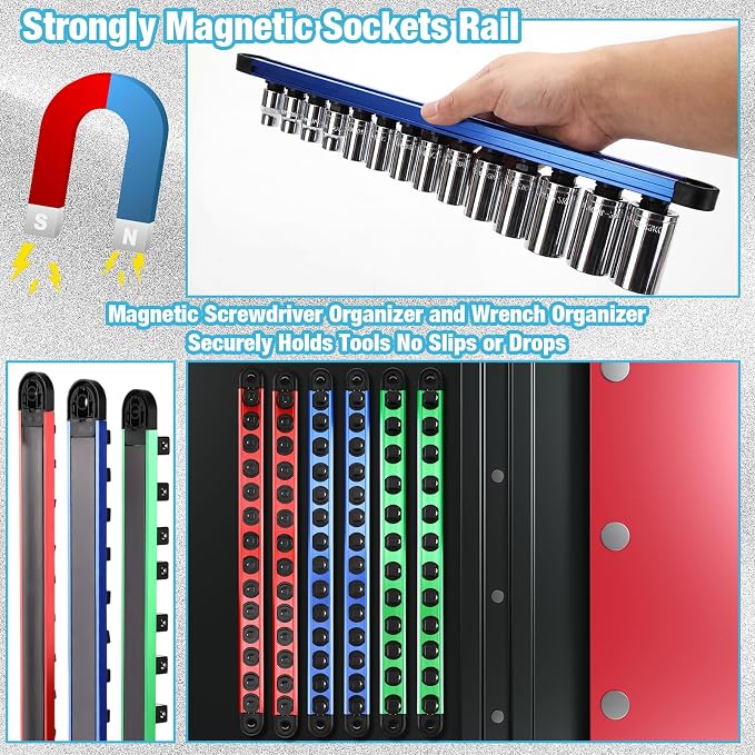 Ceenna 12 Piece Magnetic Socket Organizer Set, Heavy Duty Socket Holder, Sockets Rack Kit with 1/4-inch x 14 Clips, 3/8-inch x 14 Clips, 1/2-inch x 12 Clip, Gift for Men, Red, Blue and Green