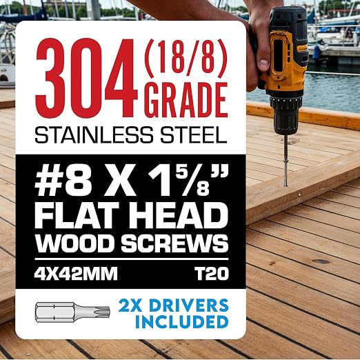 #8 x 1 5/8 Inch Stainless Steel Wood Screws | 304 Grade (1750 Pack) | Flat Head T20 Star Torx Drive | Stainless Wood Screws by Eagle Claw Fasteners | Corrosion & Rust Resistant (Includes 2 Driver Bit)