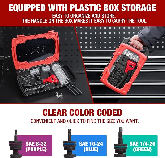 Arrow Rivet Nut Tool, 8" Rivet Nut Gun Kit Designed for Tight Space, Rivet Nut Setter with 3 Pcs Mandrels (8-32, 10-24, 1/4-20), 75 Pcs Rivnuts and 3 Pcs Drills, Sturdy Case Packed