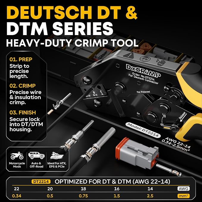 Deutsch DT Series Connector Crimping Tool Kit, 2/3/4/6 Pin Waterproof Automotive Electrical Connectors with 22–14 AWG Deutsch Crimp Tool & Pin Removal Tool for Automotive Wire Harness Repair