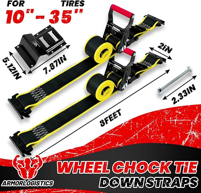 2Pack UTV Wheel Chock Tie-Down Kit, 2 in x 8 ft Heavy Duty Trailer Tire Straps, 4400lb Max Break Strength E Track System for ATV, UTV, SXS, Mower and More (Black)