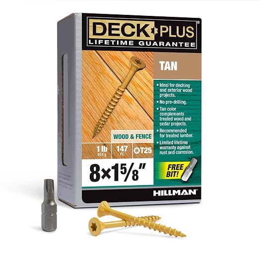 Deck Plus 1-5/8 Inch Epoxy Coated Exterior Wood and Fence Screws #8 x 1-5/8" Torx/Star Drive Included Coarse Thread, Outdoor Rust Resistant Decking Screw, Tan, 1lb Box, 186 Pieces | 48411
