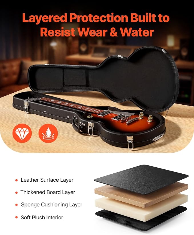 VEVOR Electric Guitar Hard Case, 42.2 Inch, Wooden Hard-Shell Protective Carrying Case with Lock Latch, Sponge Lining, Keys, Accessory Compartment, Water-Resistant, for 39 Inch Les Paul Guitars, Black