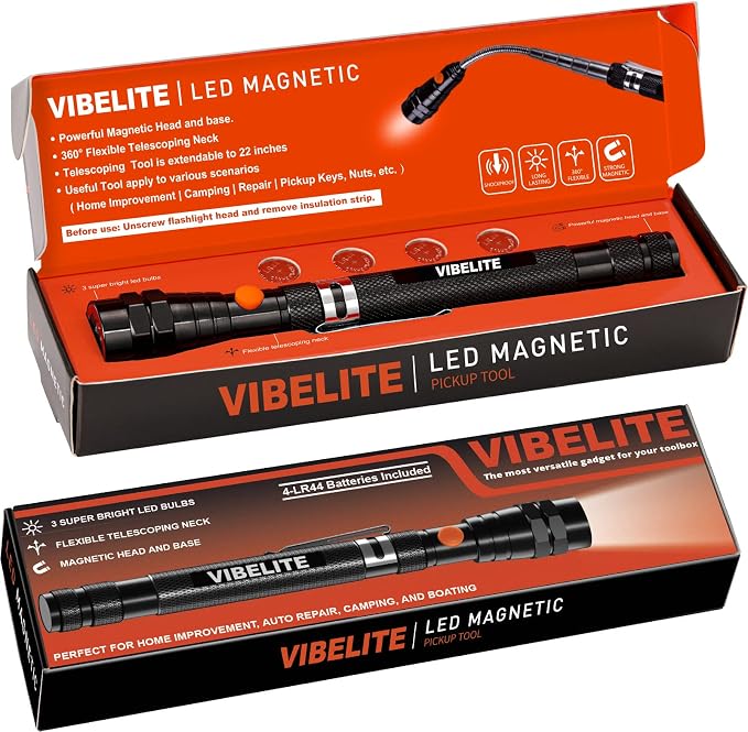 VIBELITE Gifts for Men, Magnetic Pickup Tool with LED, Telescoping Magnet Flashlight, Cool Gadgets Birthday Gifts for Him, Dad, Teen Boys, Husband, Handyman, Boyfriend, Mens Gifts, Black