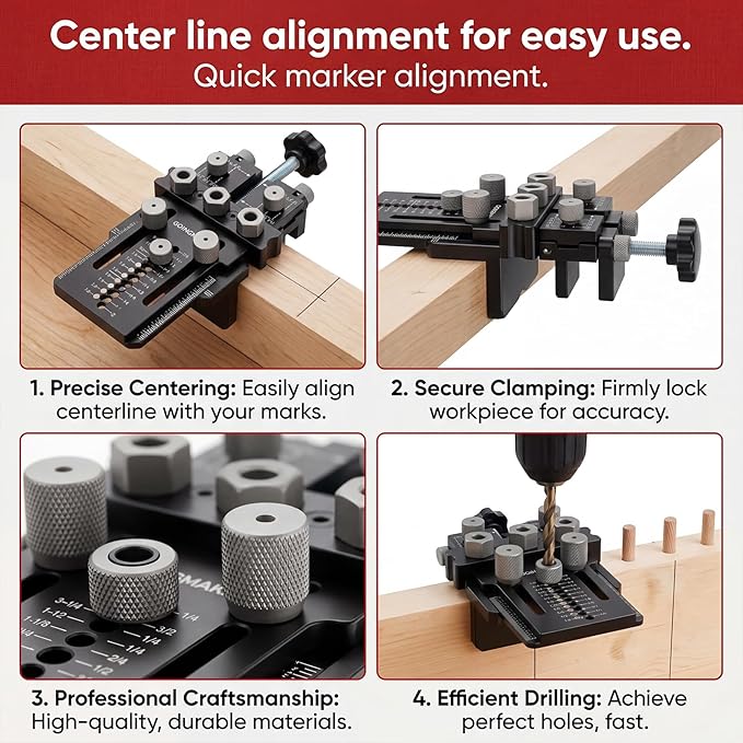 Dowel Jig Kit, Self-Centering Doweling Jig with Quick-Stop Clamp, Adjustable Drill Guide for Straight Dowel Holes, 1/4", 3/8", 1/2" Bushings for Woodworking, Cabinet & Furniture Joints