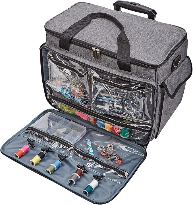 HOMEST Sewing Machine Rolling Case with Wheels and Storage Pockets | Fits Singer and Brother machines, rolling wheels and storage pockets help carry sewing accessories, Grey