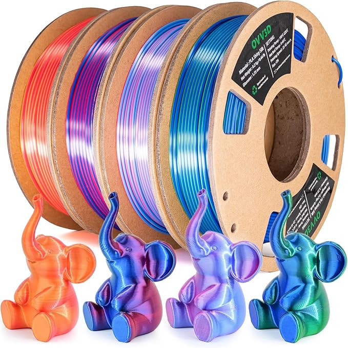 OVV3D Silk PLA 3D Printer Filament Bundle, Shiny Dual Color Filament 1.75mm Pack, Multi Color Change 3D Printing Filament for 3D Printer, 200g X 4 Spools of Red Gold Blue Green Sky-Blue