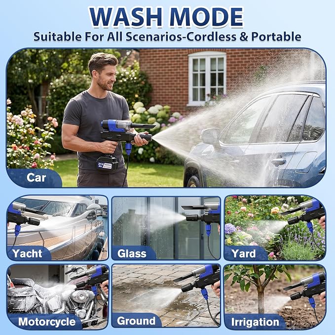 Cordless Pressure Washer, Portable Pressure Washer with 2 Batteries, 3-in-1 Handheld Power Washer for Wash, Blow & Vacuum, 5-in-1 Nozzle, Battery Powered Pressure Washer for Car, Patio & Home Cleaning