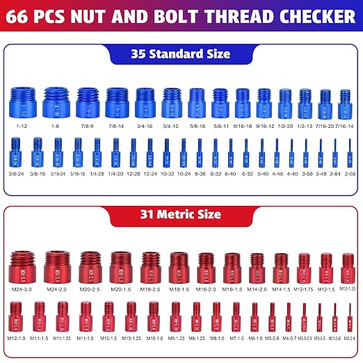 66 Pcs Thread Checker Nut and Bolt Thread Checker Set with 35 Inch and 31 Metric Box Set Thread Gauge for Tight Spaces SAE and Metric Sizes Ideal for Bolt and Nut Size Checking