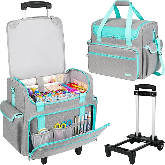 Rolling Craft Bag, Craft Bag with Wheels for Scrapbook Supplies, Large Scrapbook Tote with 15.6'' Laptop Sleeve, Rolling Art Supply Storage for Scrapbooking Tools, Gray
