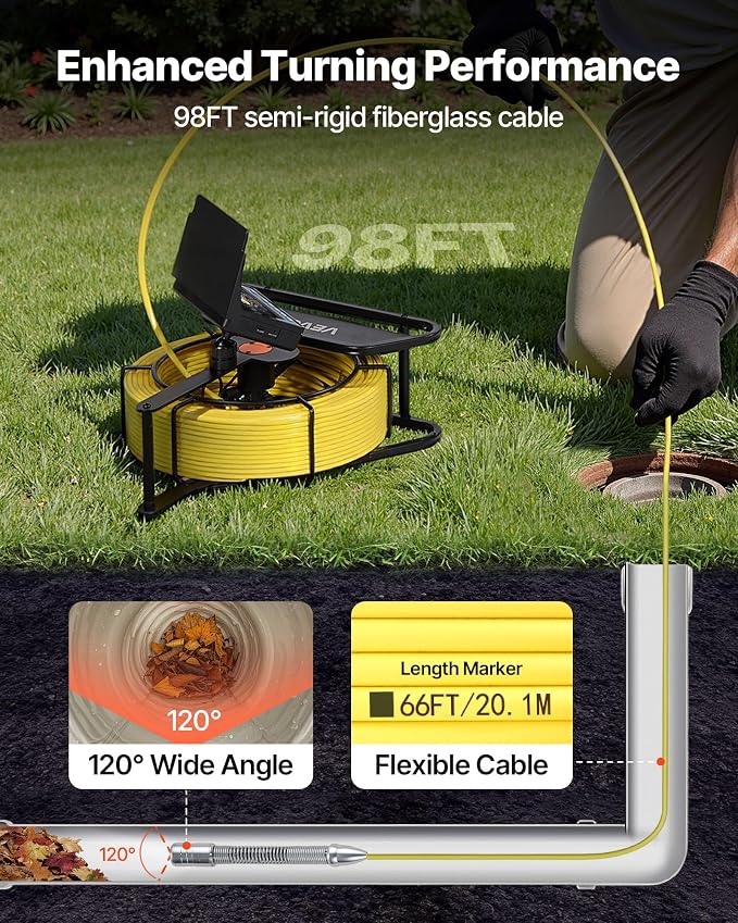 VEVOR Sewer Camera, 98 ft/30m, Self-Leveling Drain Inspection Camera with 4.3" 1080P HD Screen, IP68 Waterproof Snake Plumbing Camera with Lights - 12 LEDs & 16GB Card for Sewer Line Duct Pipe