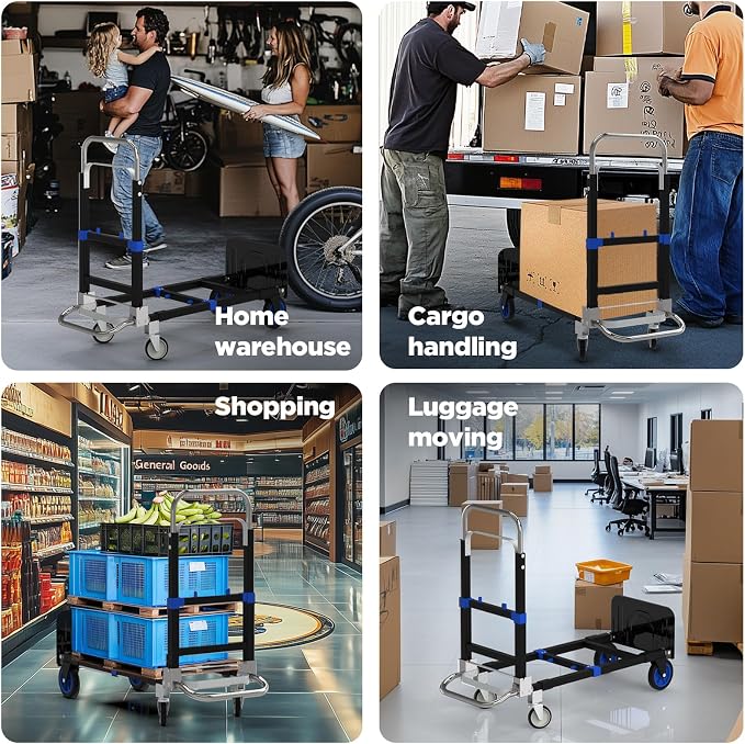 Black Convertible Hand Truck Dolly Cart with 4 Wheels Heavy Duty,500 Lbs Capacity, 2 Straps for Moving Furniture/Appliance/Carton/Warehouse/Office/no Need to Install, Follow Video to Fold
