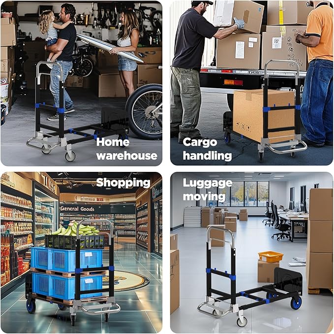 Suzhi Foldable Hand Truck Moving Dolly Cart with 4 Wheels, 500 Lbs Load,2 Straps, Pre-Assembled, Save Room, Easy Folding Dolly for Furniture, Appliances, Boxes, Warehouse & Office Transport