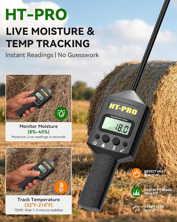 Hay Moisture Tester with 20" Reinforced Probe, Digital Hay Moisture Meter with Temperature Reading for Alfalfa, Hay Bales, Square and Round Bales, Carry Bag Included,Black