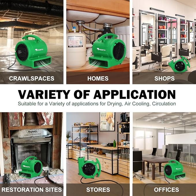 MOUNTO 1/4hp 1000CFM 2 Speed Air Mover Carpet Dryer Floor Fan Cooling Fan (Green)