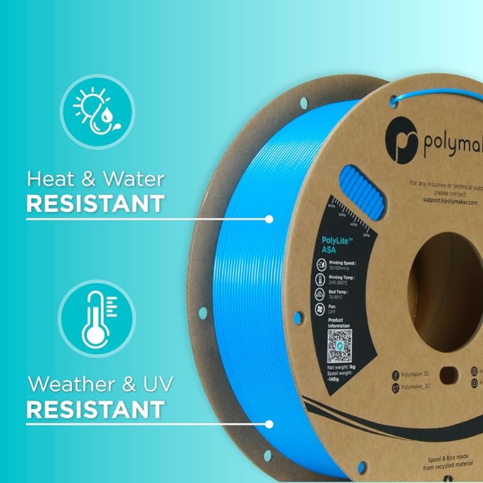 Polymaker ASA Filament 1.75mm Pop Blue, 1kg ASA 3D Printing Filament, Heat & Weather Resistant - ASA 3D Printer Filament Perfect for Printing Outdoor Functional Parts
