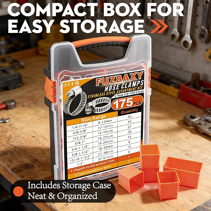 175Pcs 304 Stainless Steel Worm Gear Hose Clamps Kit | 1/4"-2" Adjustable Clamps for Auto, Plumbing & Garden,Stop Leaks Instantly,Free Wrench & Screwdriver Included