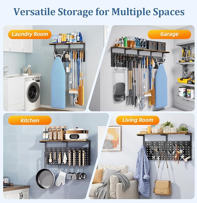 VINAEMO Wall Mounted Ironing Board Hanger with Pegboard and Yoga Mat Holder