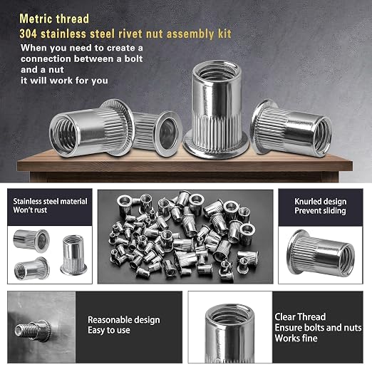 ASKWAY Stainless Steel Rivet Nut Kit 210Pcs 304 Stainless Steel Pressure Rivet Nut Combination, Suitable for Furniture, Decoration, Automobile, Marine and Industrial Applications