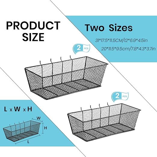 Sieral 4 Pcs Black Pegboard Baskets Metal Wire Shelf Baskets Peg Board Organizer Accessories Wall Mount Organizer Attachments for Garage Workbench Various Tool Accessories, 2 Sizes