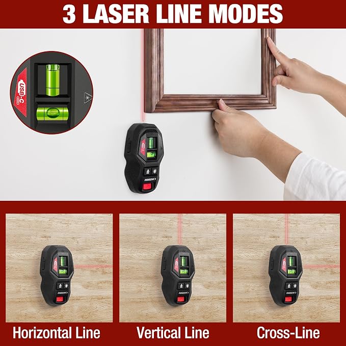ARROW 2-in-1 Laser Level with Magnetic Stud Finder, Rechargeable Wall Scanner for Wood & Metal, Cross Line Laser with Bubble Vials for Accurate Markings, Ideal for Hanging Frames & Pictures