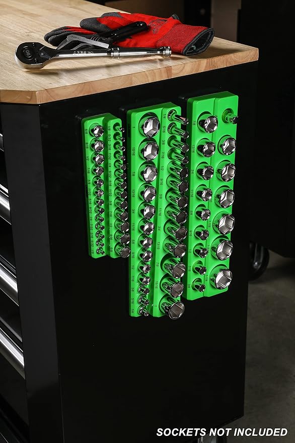 ARES 60005-26-Piece 1/4 in SAE Magnetic Socket Organizer -GREEN -Holds 13 Standard (Shallow) and 13 Deep Sockets -Perfect for your Tool Box -Also Available in RED