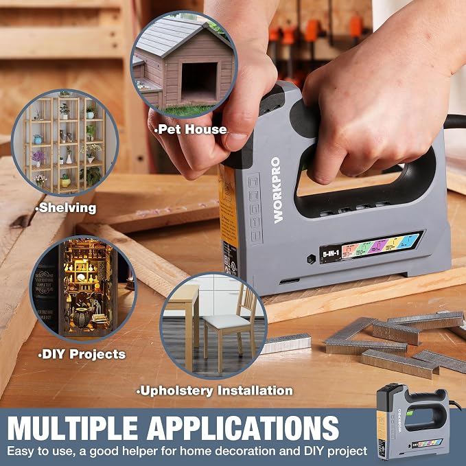 WORKPRO 5 in 1 Staple Gun,110V Corded Brad Nailer with 2000 Staples and Nails, Electric Staple Gun for DIY Project of Woodworking